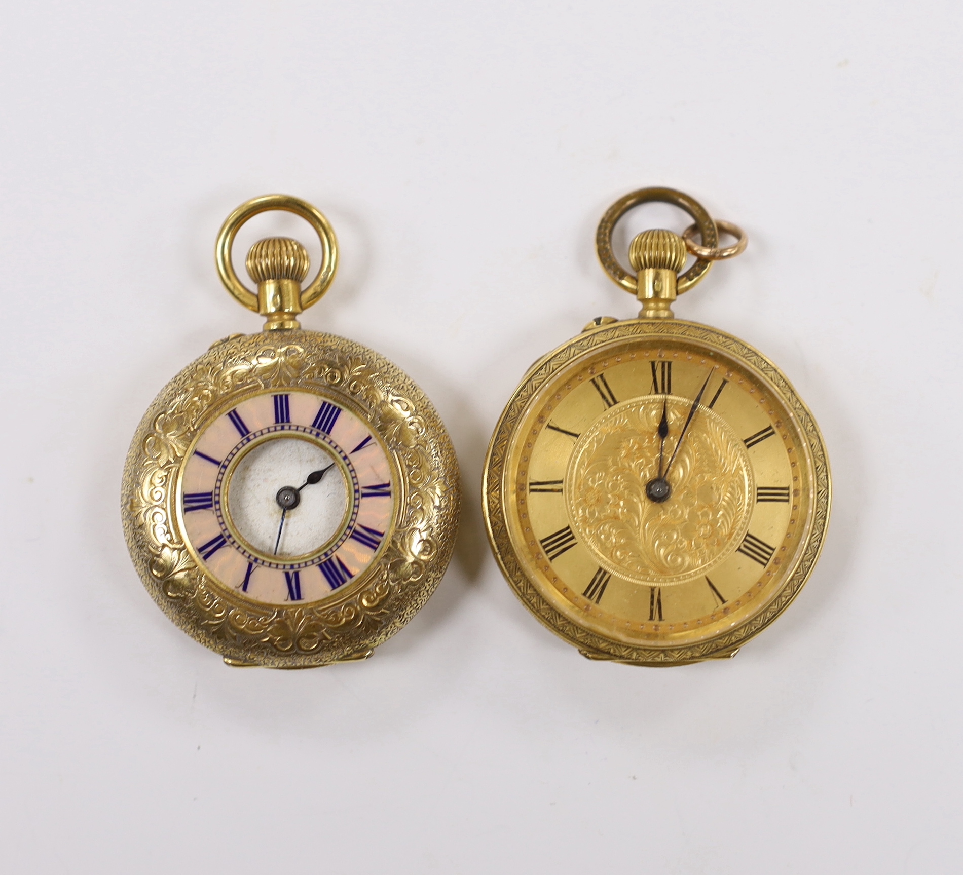 An early 20th century Swiss 18ct and enamel half hunter fob watch and one other 18k open face fob watch, with Roman dial, gross weight 86.8 grams.